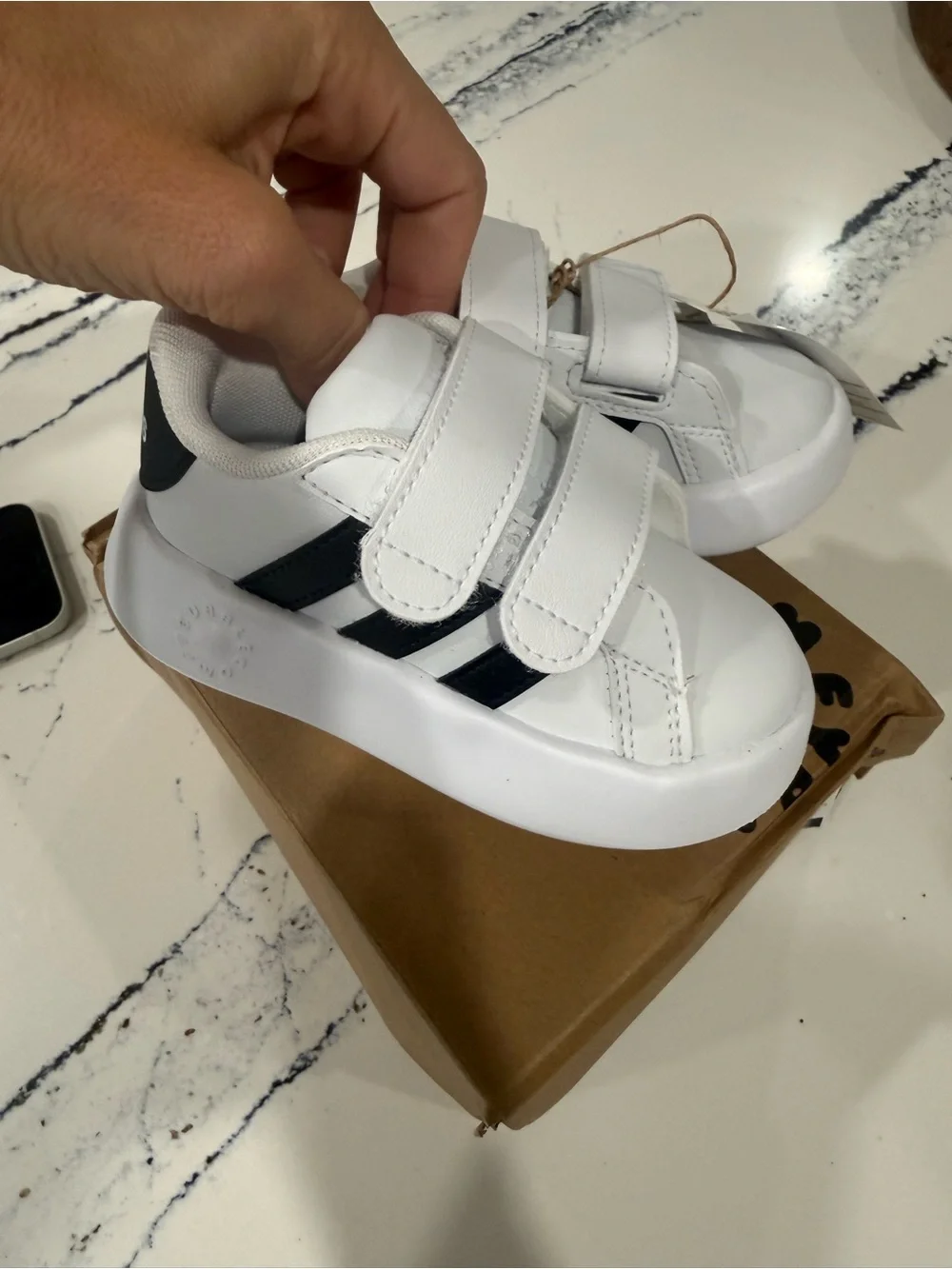 adidas Kids White and Black Velcro Strap Sneakers